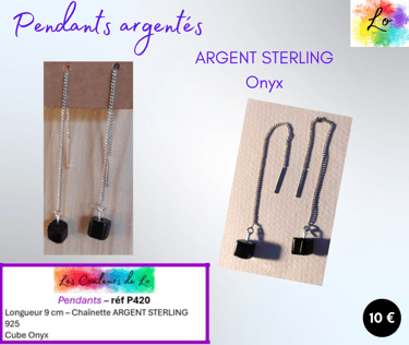 Boucles pendants Argent Sterling chaînette Onyx Les Couleurs de Lo