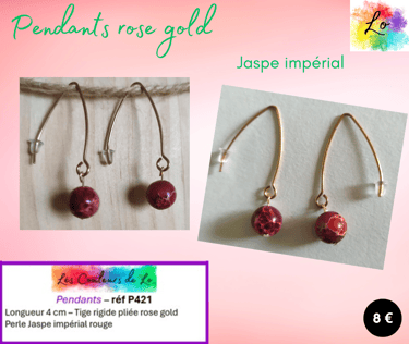 Boucles pendants rose gold tige pliée Jaspe impérial rouge Les Couleurs de Lo