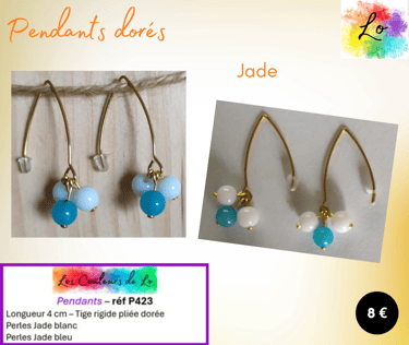 Boucles pendants dorés tige rigide Jade blanc Jade bleu Les Couleurs de Lo