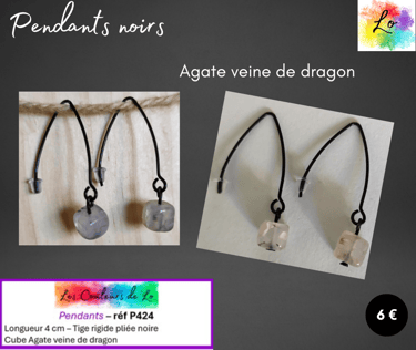 Boucles pendants noirs tige rigide Agate veine de dragon Les Couleurs de Lo