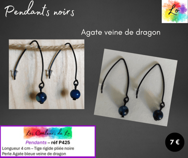 Boucles pendants noirs tige rigide Agate bleue veine de dragon Les Couleurs de Lo