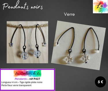 Boucles pendants noirs tige rigide fleur verre transparent Les Couleurs de Lo