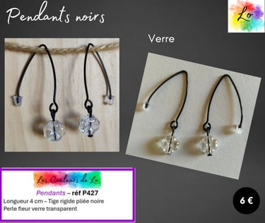 Boucles pendants tige pliée noire fleur verre transparent Les Couleurs de Lo
