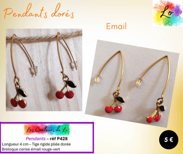 Boucles pendants tige pliée dorée cerise émail Les Couleurs de Lo