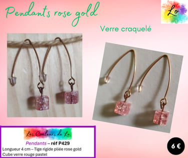 Boucles pendants tige rigide rose gold verre craquelé rose Les Couleurs de Lo