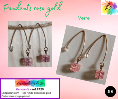 Boucles pendants tige rigide rose gold verre craquelé rose Les Couleurs de Lo