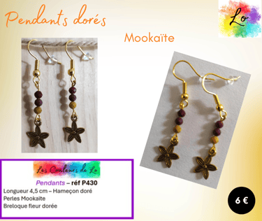 Boucles pendants dorés Mookaïte fleur dorée Les Couleurs de Lo