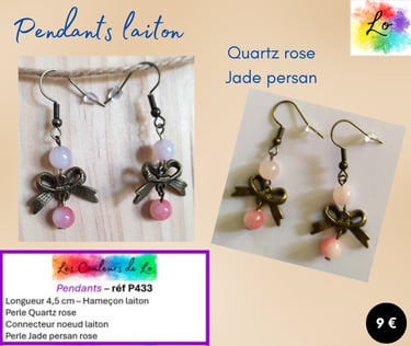 Boucles pendants laiton Quartz rose nœud laiton Jade persan rose Les Couleurs de Lo