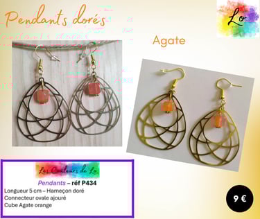 Boucles pendants dorés ovale ajouré Agate orange Les Couleurs de Lo