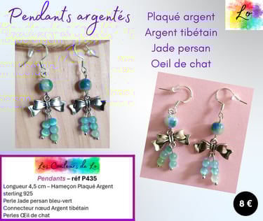 Boucles pendants Plaqué argent Jade persan nœud argenté Œil de chat Les Couleurs de Lo