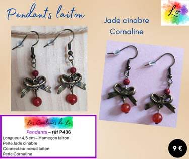 Boucles pendants laiton Jade cinabre nœud laiton Cornaline Les Couleurs de Lo