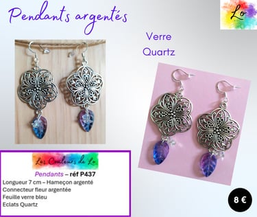 Boucles pendants argentés fleur ajourée feuilles verre bleu Quartz Les Couleurs de Lo