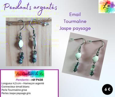 Boucles pendants argentés émail blanc Tourmaline Jaspe paysage Les Couleurs de Lo