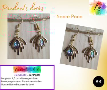 Boucles pendants dorés plumeau 7 branches dorées Nacre Paoa Les Couleurs de Lo