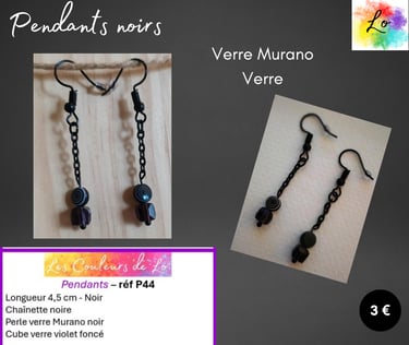 Boucles pendants noirs chaînette verre Murano noir verre noir Les Couleurs de Lo