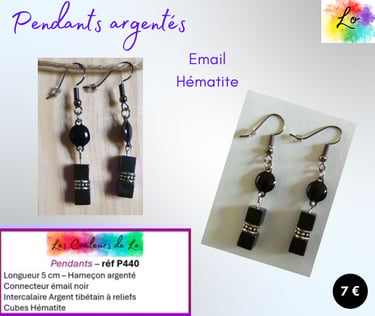 Boucles pendants argentés émail noir Hématite Les Couleurs de Lo