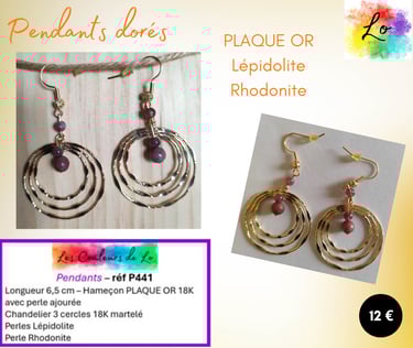 Boucles pendants Plaqué or Lépidolite Rhodonite Les Couleurs de Lo