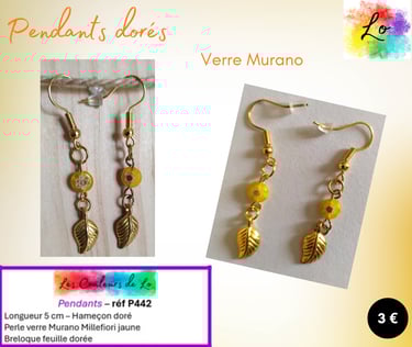 Boucles pendants dorés verre Murano Millefiori jaune feuille dorée Les Couleurs de Lo