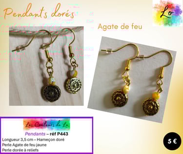 Boucles pendants dorés Agate de feu jaune perle dorée à reliefs Les Couleurs de Lo