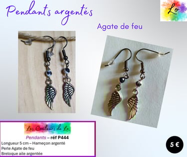 Boucles pendants argentés Agate de feu aile argentée Les Couleurs de Lo