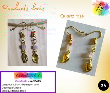 Boucles pendants dorés Quartz rose feuille dorée Les Couleurs de Lo