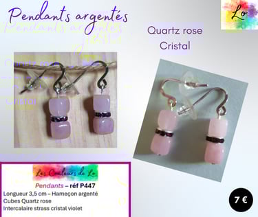 Boucles pendants argentés Quartz rose cristal violet Les Couleurs de Lo