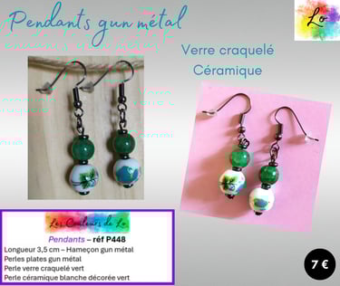 Boucles pendants gun métal verre craquelé céramique décorée Les Couleurs de Lo