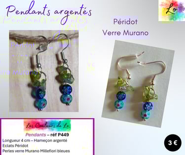 Boucles pendants argentés Péridot verre Murano bleu Les Couleurs de Lo