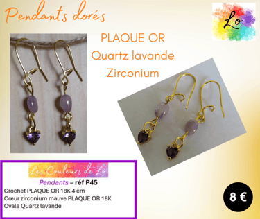Boucles pendants Plaqué or Quartz lavande cœur Zirconium parme Les Couleurs de Lo
