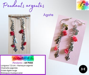 Boucles pendants argentés Agate rouge breloques musique Les Couleurs de Lo