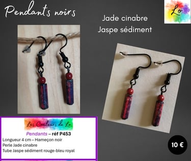 Boucles pendants noirs Jade cinabre Jaspe sédiment Les Couleurs de Lo