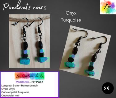 Boucles pendants noirs Obsidienne Turquoise Les Couleurs de Lo