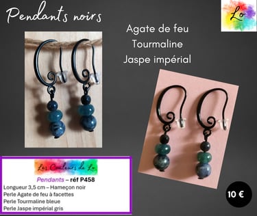 Boucles pendants noirs Agate de feu Tourmaline Jaspe impérial Les Couleurs de Lo