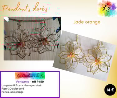 Boucles pendants dorés fleur 3D acier doré Jade orange Les Couleurs de Lo