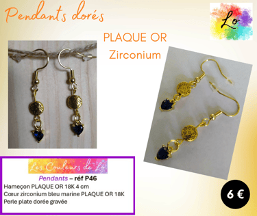 Boucles pendants Plaqué or cœur Zirconium bleu marine Les Couleurs de Lo