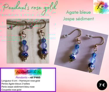 Boucles pendants rose gold Agate bleue Jaspe sédiment Les Couleurs de Lo