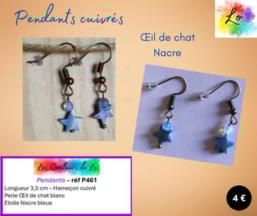 Boucles pendants cuivrés Œil de chat blanc étoile Nacre bleue Les Couleurs de Lo