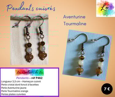 oucles pendants cuivrés Aventurine jaune Tourmaline orange Les Couleurs de Lo