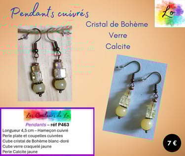 Boucles pendants cuivrés cristal verre craquelé jaune Calcite jaune Les Couleurs de Lo