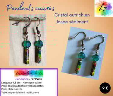 Boucles pendants cuivrés cristal vert Jaspe sédiment multicolore Les Couleurs de Lo