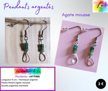 Boucles pendants argentés Agate mousse goutte métal martelé Les Couleurs de Lo