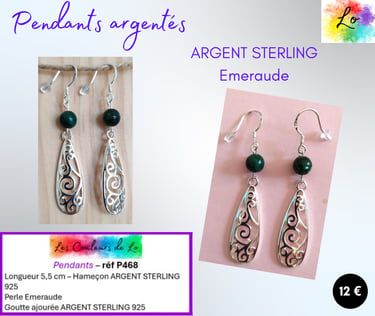 Boucles pendants Argent sterling Emeraude goutte ajourée Argent Les Couleurs de Lo