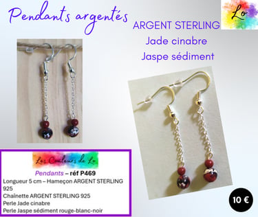 Boucles pendants Argent sterling chaînette Jade cinabre Jaspe sédiment Les Couleurs de Lo