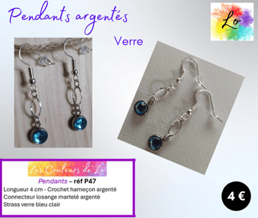 Boucles pendants argentés losange métal strass verre bleu Les Couleurs de Lo