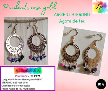 Boucles pendants rose gold chandelier à fleurs acier Agate de feu multicolore Les Couleurs de Lo