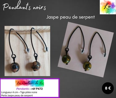 Boucles pendants tige pliée noire Jaspe peau de serpent Les Couleurs de Lo