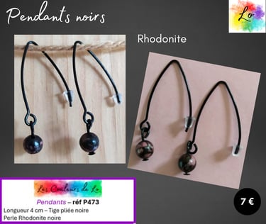 Boucles pendants tige pliée noire Rhodonite Les Couleurs de Lo