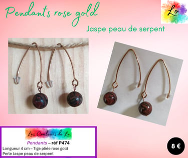 Boucles pendants tige pliée rose gold Jaspe peau de serpent Les Couleurs de Lo