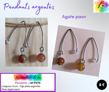 Boucles pendants tige pliée argentée Agate paon Les Couleurs de Lo