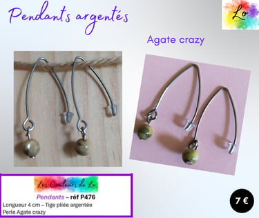 Boucles pendants tige pliée argentée Agate crazy Les Couleurs de Lo